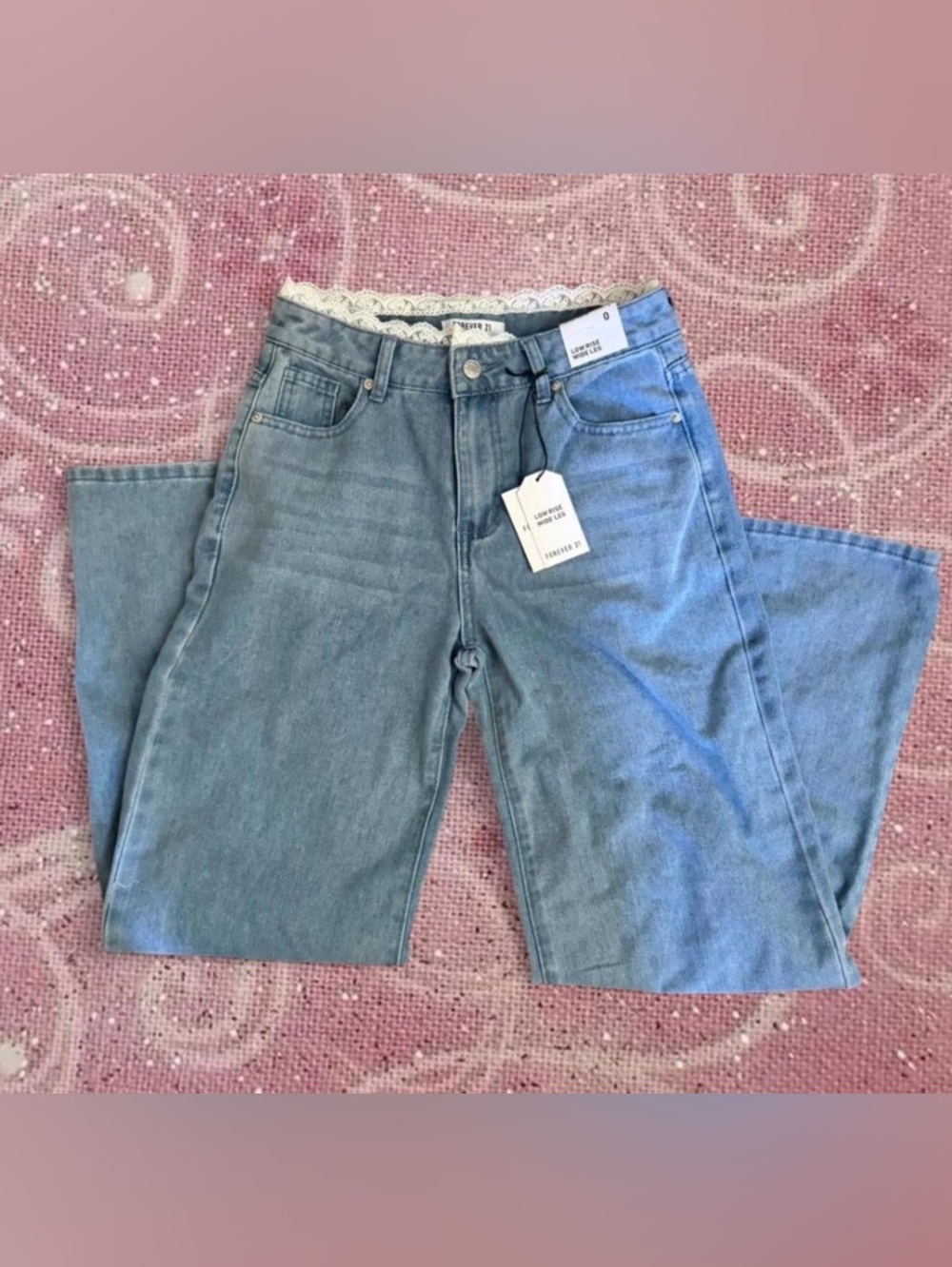 Forever 21 Light Blue Wide Leg Jeans with Lace Waist Detail
